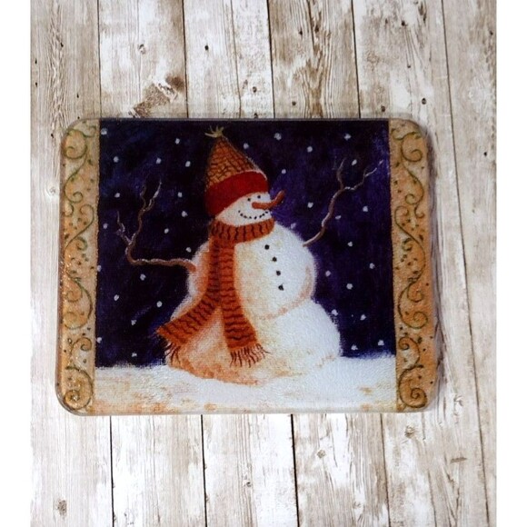 Holiday Snowman Glass Cutting Serving Board Counter Saver 10"x8" - Picture 1 of 5